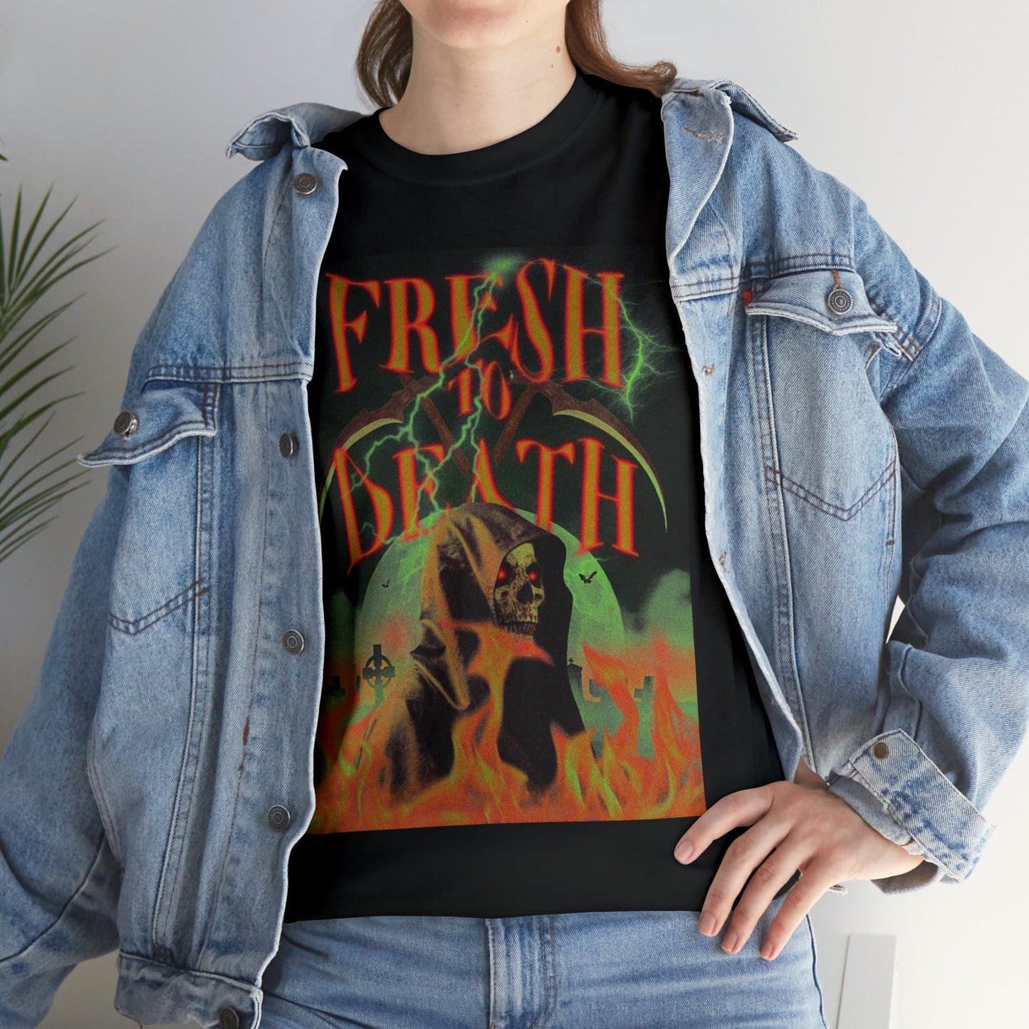 Grim Reaper T-Shirt Heavy Metal Style Shirt Fresh to Death Grim Reaper Short Sleeve Heavy Metal Halloween Vintage Heavy Metal Skeleton Tee