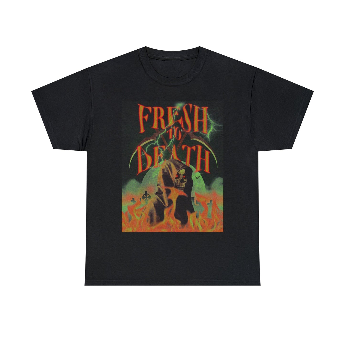 Grim Reaper T-Shirt Heavy Metal Style Shirt Fresh to Death Grim Reaper Short Sleeve Heavy Metal Halloween Vintage Heavy Metal Skeleton Tee