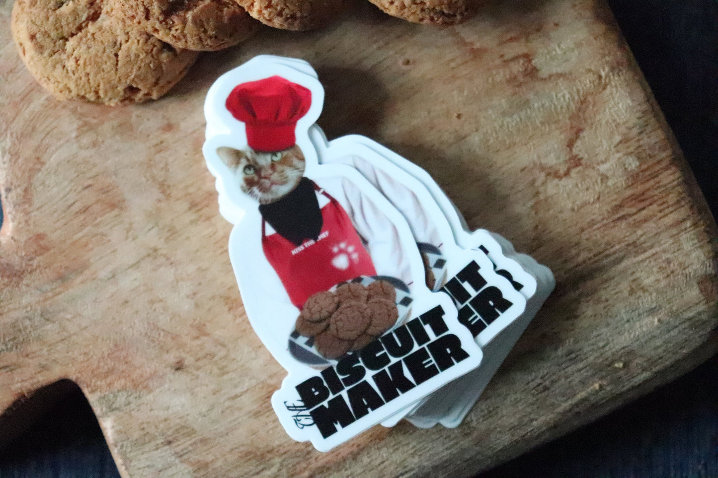 cat chef, cat portraits, cat biscuit vinyl stickers, cat vinyl stickers, animal vinyl stickers, culinary cat, baking gifts, makin’ biscuits