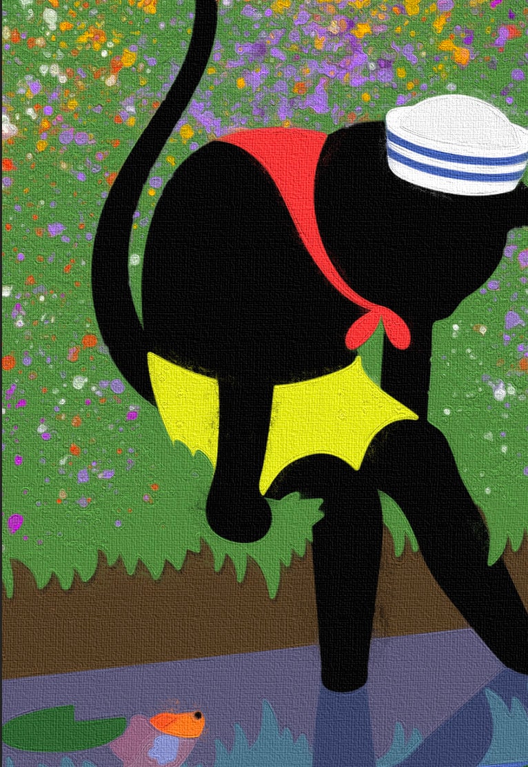 Cat Pond Poster, Catfish Abstract Painting, Gone Fishing Vertical Poster, Cat with Fish Painting, Pond Abstract Vertical Wall Art, Black Cat
