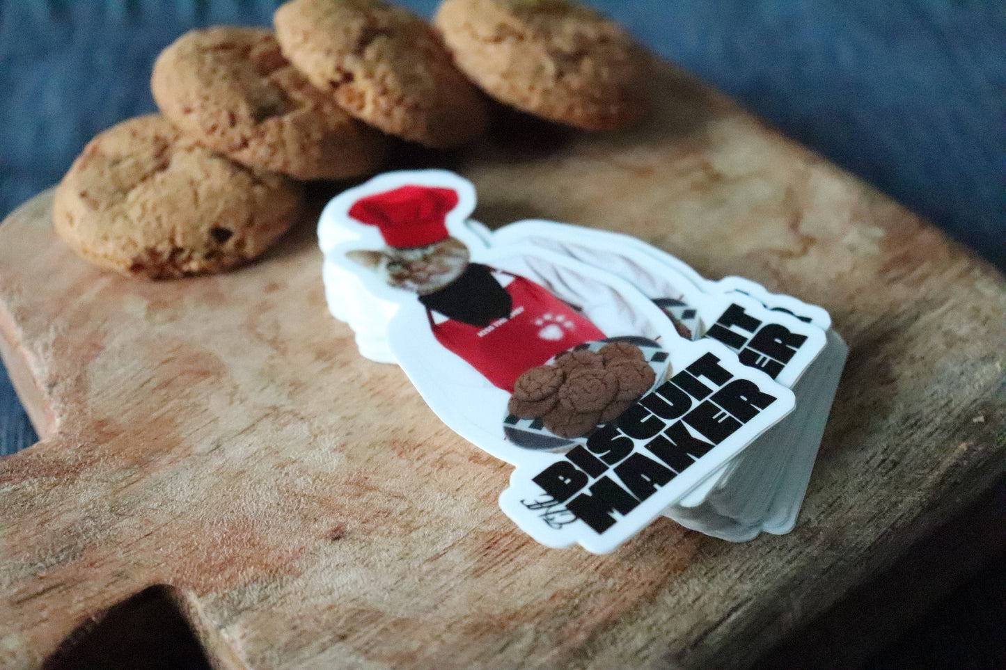 cat chef, cat portraits, cat biscuit vinyl stickers, cat vinyl stickers, animal vinyl stickers, culinary cat, baking gifts, makin’ biscuits