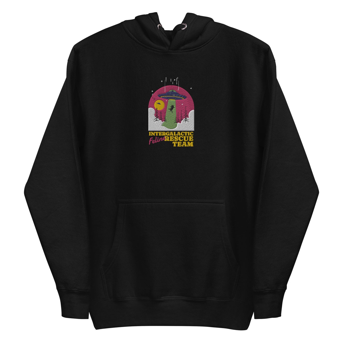 Space Cat, Feline Rescue, UFO Kitty, Animal Rescue Sweatshirt, Embroidered Cat Hoodie, Embroidered Alien Hoodie, Black Cat, Cat Lover Hoodie