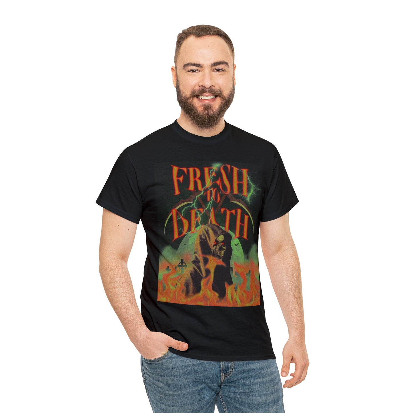 Grim Reaper T-Shirt Heavy Metal Style Shirt Fresh to Death Grim Reaper Short Sleeve Heavy Metal Halloween Vintage Heavy Metal Skeleton Tee