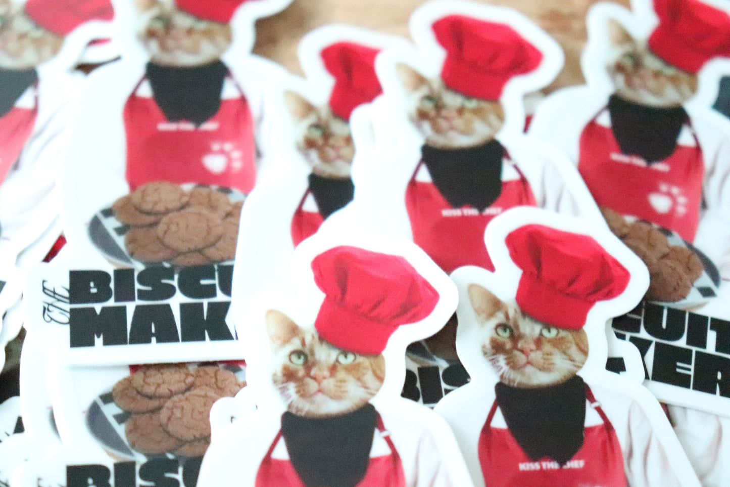 cat chef, cat portraits, cat biscuit vinyl stickers, cat vinyl stickers, animal vinyl stickers, culinary cat, baking gifts, makin’ biscuits