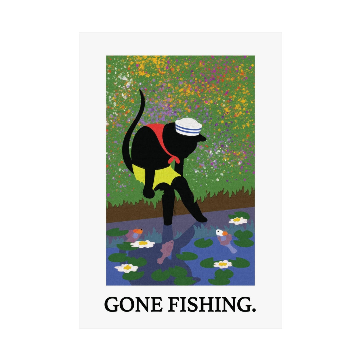 Cat Pond Poster, Catfish Abstract Painting, Gone Fishing Vertical Poster, Cat with Fish Painting, Pond Abstract Vertical Wall Art, Black Cat