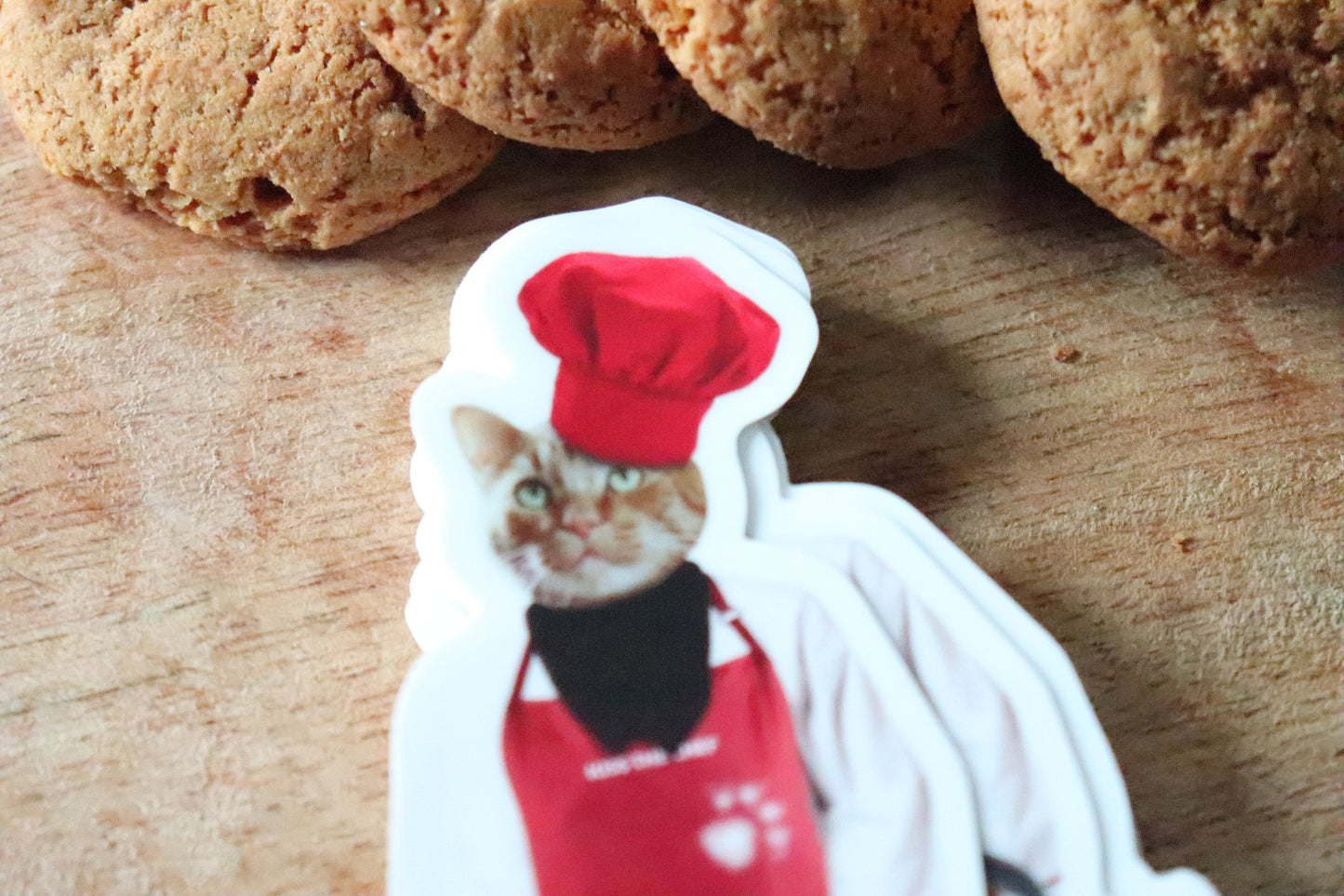 cat chef, cat portraits, cat biscuit vinyl stickers, cat vinyl stickers, animal vinyl stickers, culinary cat, baking gifts, makin’ biscuits