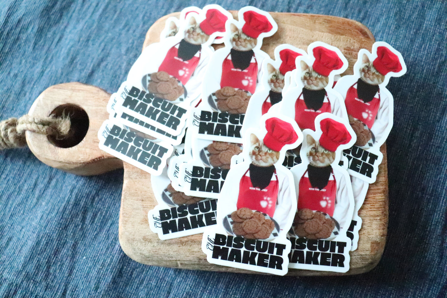 cat chef, cat portraits, cat biscuit vinyl stickers, cat vinyl stickers, animal vinyl stickers, culinary cat, baking gifts, makin’ biscuits