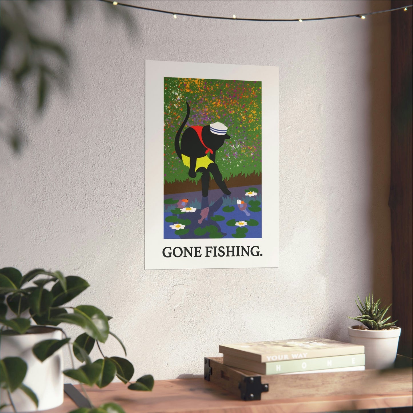 Cat Pond Poster, Catfish Abstract Painting, Gone Fishing Vertical Poster, Cat with Fish Painting, Pond Abstract Vertical Wall Art, Black Cat