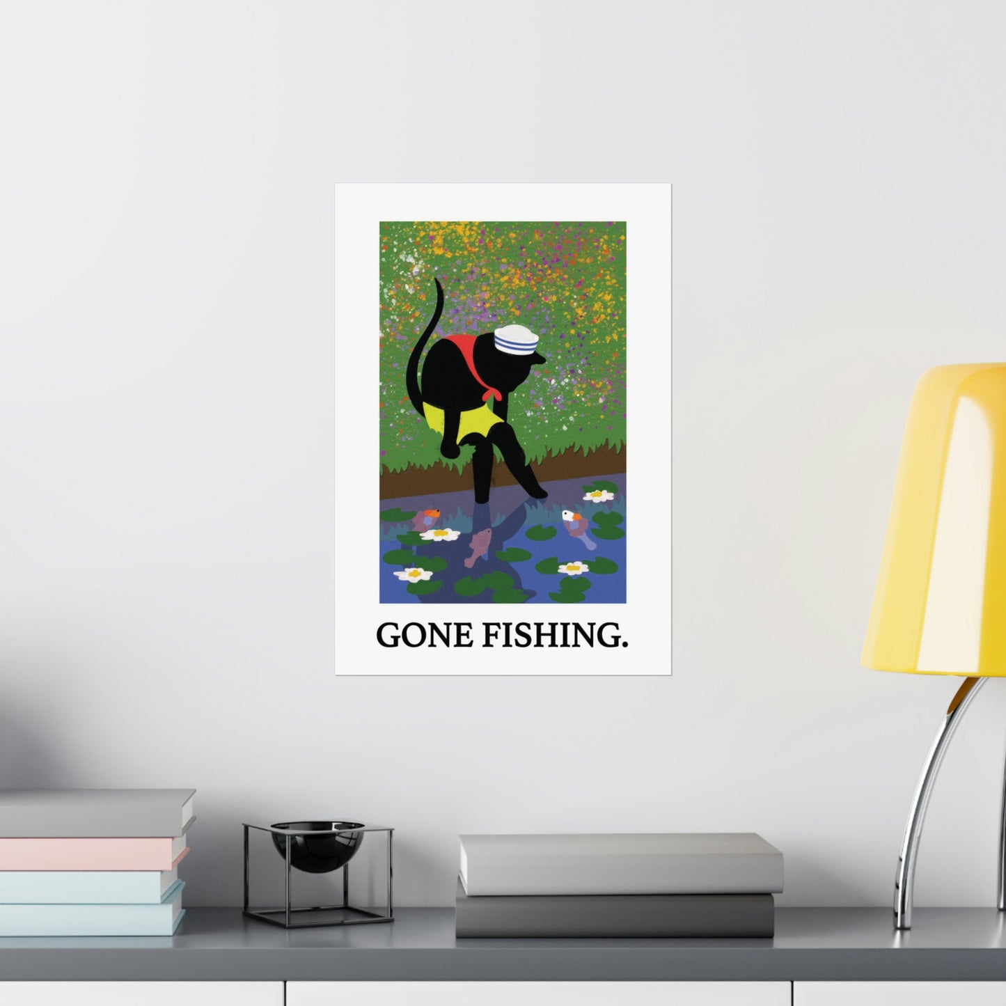 Cat Pond Poster, Catfish Abstract Painting, Gone Fishing Vertical Poster, Cat with Fish Painting, Pond Abstract Vertical Wall Art, Black Cat