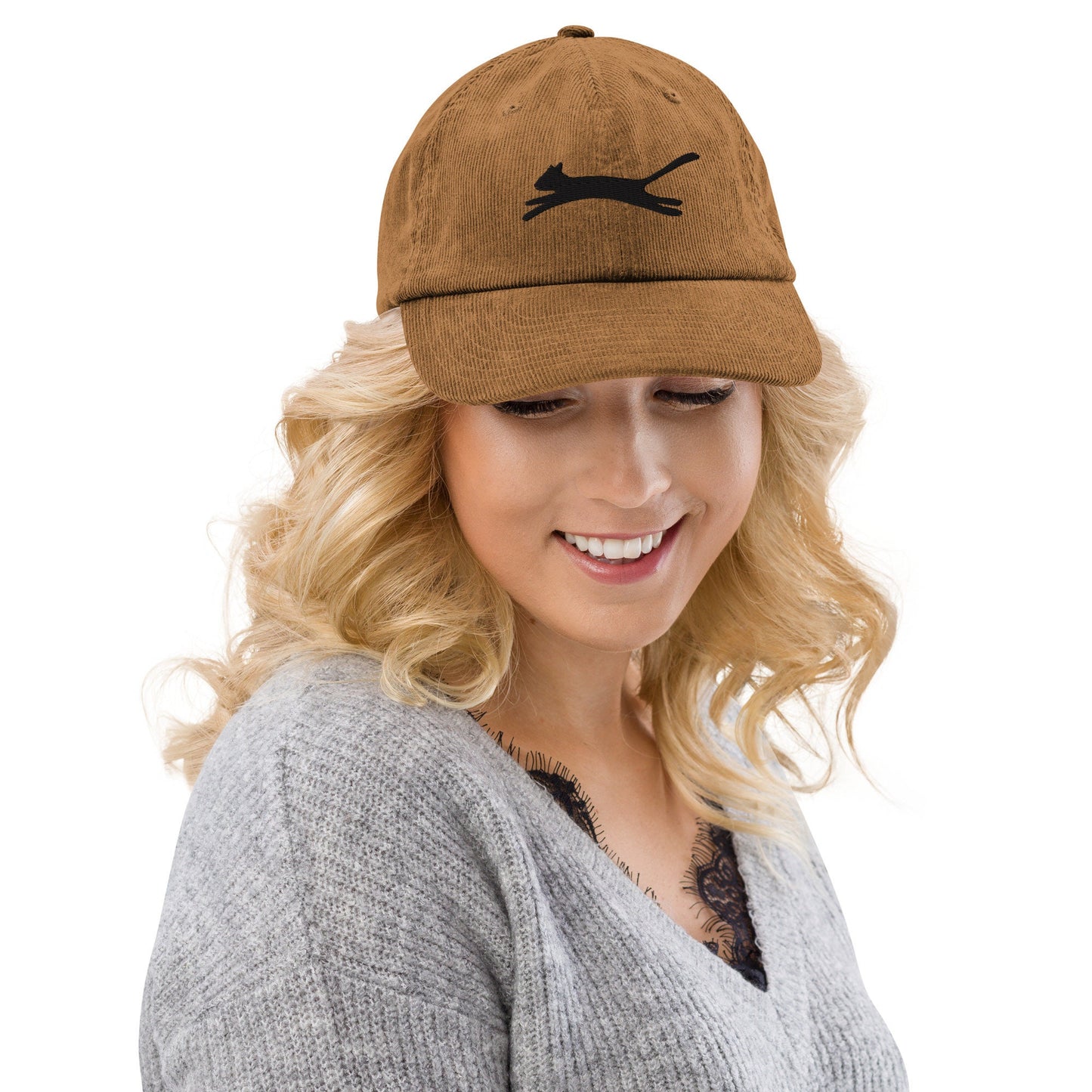 Black Cat Embroidered Corduroy Hat, Cat Stitched Baseball Cap, Cat Lover Ball Cap, Gift for Cat Mom and Dad